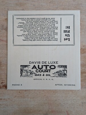 VTG Davis De Luxe Auto Court Advertising Address Telephone Index Card Afton WY
