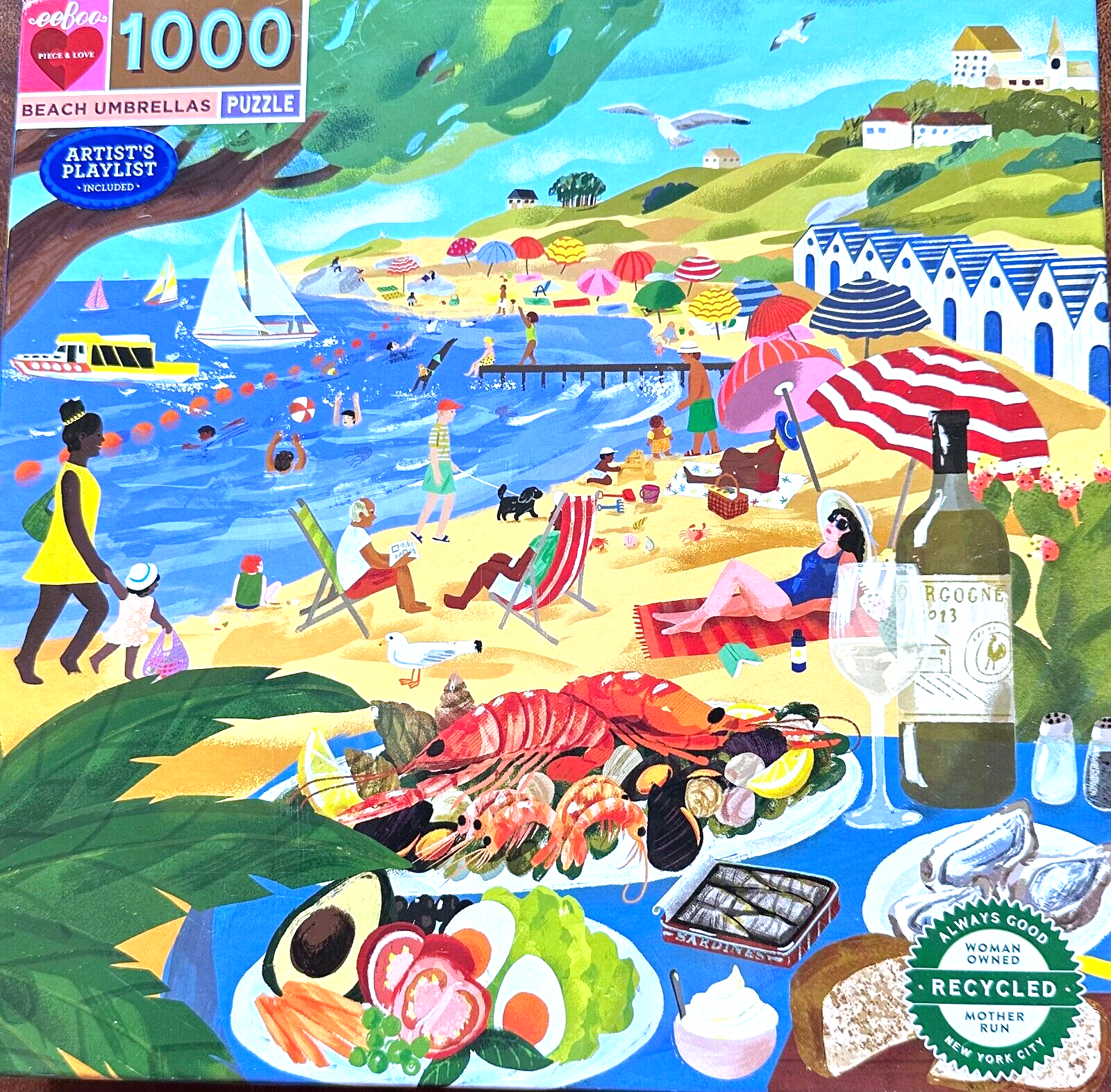 Stylish Beach Umbrellas 1000-Piece Puzzle Featuring Cartoon Ocean Lobster Ships and People