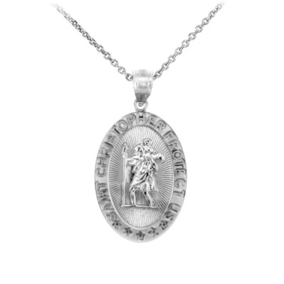Religious Pendants - The Saint Christopher Protect Us Oval Sterling Silver