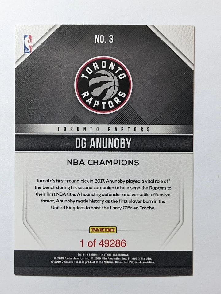 2018-19 OG Anunoby Panini Instant #3 Toronto Raptors - Image 2 of 2