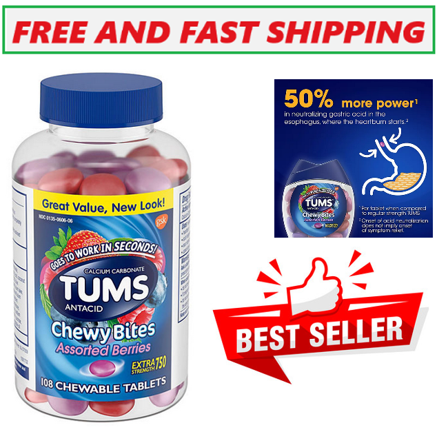 TUMS Chewy Bites Antacid Tablets for Heartburn Relief, Assorted Berries (108 Ct)