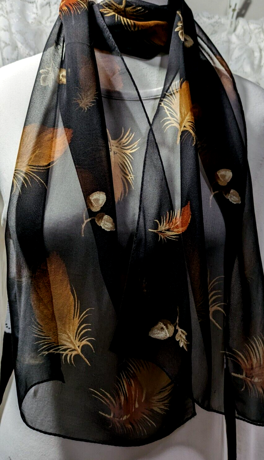 FEATHERS ACORNS Vtge Designer Scarf 58x10in  BLACK BROWN ECHO Semi Sheer Chiffon
