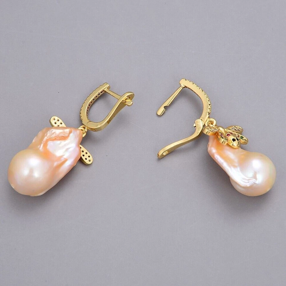 Brincos de pérola natural cultivada rosa pérola Keshi pérola Cz pavê alavanca de insetos costas - Imagem 3 de 4