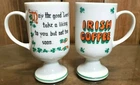 VINTAGE ENESCO MILK GLASS IRISH COFFEE MUG PAIR, GREEN SHAMROCKS, MINT CONDITION