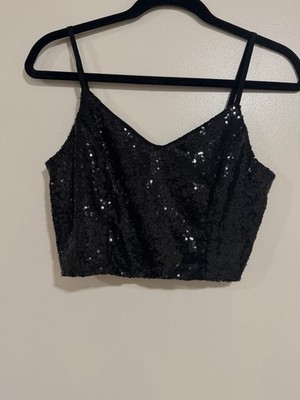 Alter'd State Black Sequence Cami Crop Top Night Goth Club Party Size S  Fairy