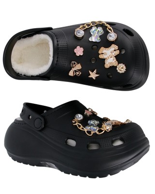 SCHWARZE POOL-FLIP-FLOPS PLATEAU-SANDALEN 6cm DEKORATIONEN GUMMI-WOLKEN