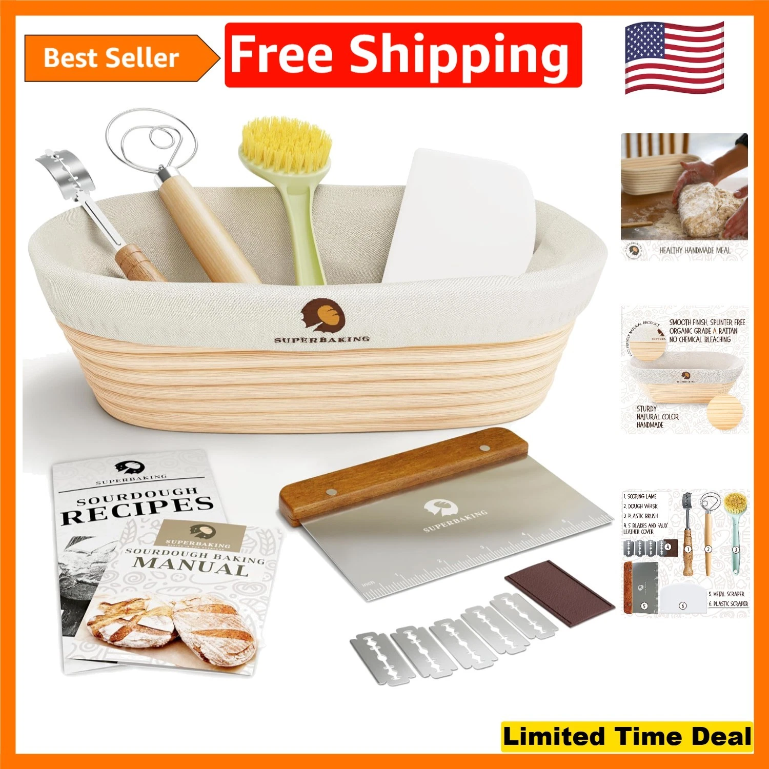 Eco-Friendly 10" Oval Banneton Bread Basket with Baking Essentials Included