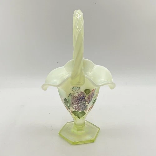 Fenton Uranium (Glows!) Glass Yellow Topaz 10" Basket with HP Hydrangeas Flowers