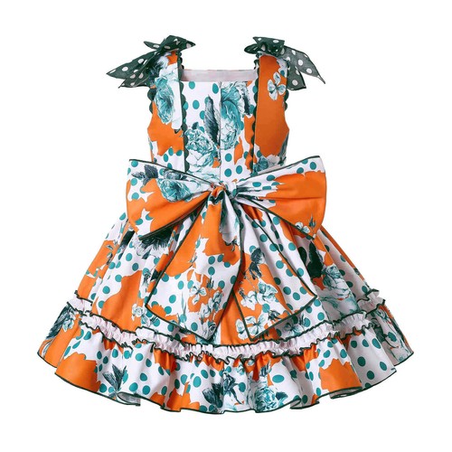 Niñas Naranja Floral Punto Moño Vestido 2-12 Años Verano Vestido sin mangas con diadema - Imagen 3 de 12