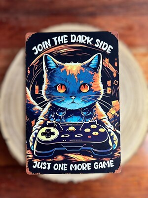   Blechschild Metallschild Gamer Cat Gamer Katze Gaming Cyberpunk Tin Sign