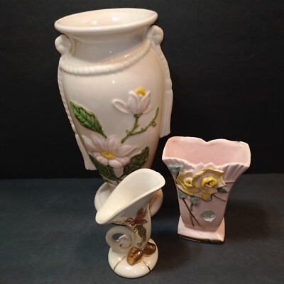 Vintage Hull Pottery Large Pink Vase Magnolia McCoy Cornucopia Lot Of 3