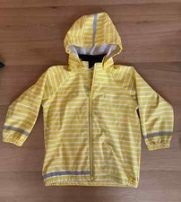 Polarn O. Pyret size 4-6/110-116 Yellow Striped Waterproof Jacket with Hood