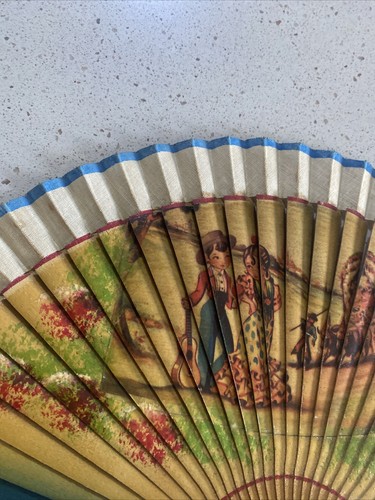 Antique Victorian Era Hand Fan Cloth Sandalwood Spanish Western Theme Free Ship - Picture 4 of 11
