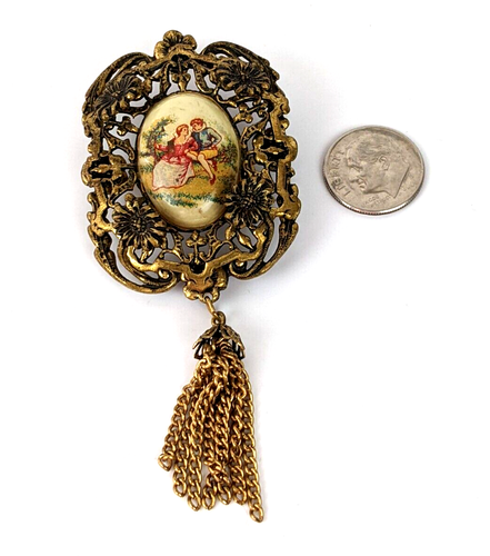 Vintage Victorian Style Filigree Romantic Portrait Cameo Style Brooch w Tassel - Picture 4 of 7