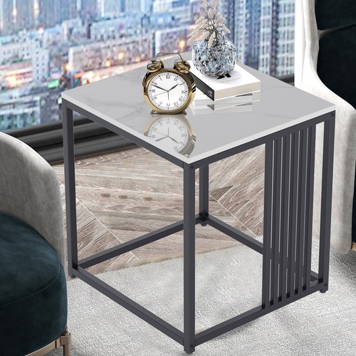 Chic Square Marble End Table Modern Nightstand White Side Table Black Iron Frame - Picture 16 of 16