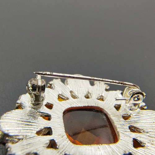 Art Deco Inspired Orange Rhinestone Brooch Pin Plastic Square Motif - Picture 20 of 24
