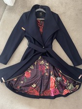 Ted Baker Coat Navy Blue Wool Blend Long Coat Size 4 Trench Coat Wrap Coat