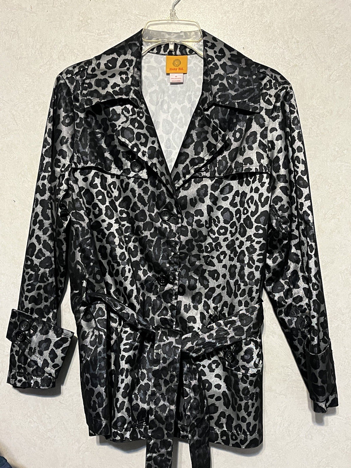 Ruby Rd Black / Gray Leopard Trench Jacket W/belt… - image 2