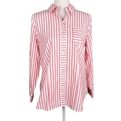 Chico's Caroline Pocket Shirt Button Down 1 (8) Pink White Striped Cotton