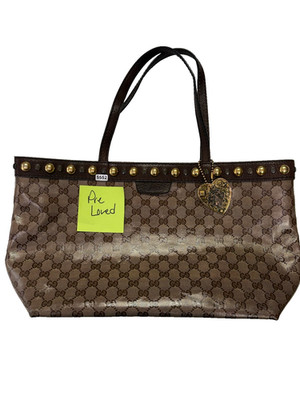 Gucci GG Canvas Crystal Babouska Tote Bag Gold Tone Heart Charm Brown Medium