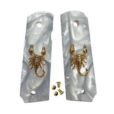1911 Grips Full Size,White Black Pearl,Bonded Ivory,Silver/Gold Metal Scorpion