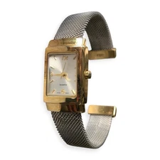 Vintage Quartz Watch Gold Tone Rectangular Case w/ Silver Mesh Cuff Band Tested