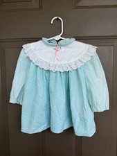 Vintage 80s Polly Flinders Girl Dress 18M Aqua Mint Eyelet Lace Collar Smocked