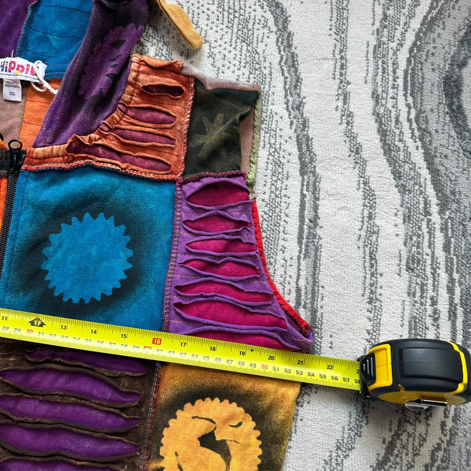 Women's VTG EzHippie Multicolour Patchwork Cotton XXL Sleeveless Full Zip Hoodie image 3