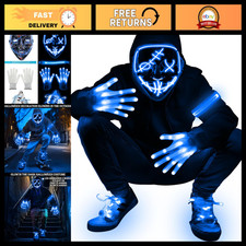 4-Piece LED Mask  Gloves Set, Light-Up Shoelaces for Halloween Rave Cosplay