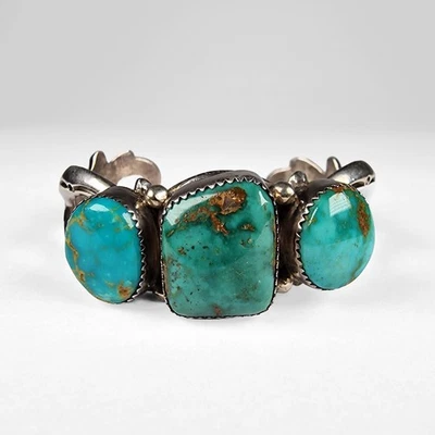 Vintage Navajo Sand Cast 925 Silver and Turquoise Cuff Bracelet Native American - Image 1 of 4