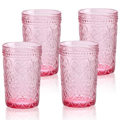 Vintage Drinking Glasses Set of 4-12 OZ Pink Embossed Old Fashioned Water Gla...