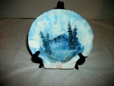 Cottagecore Miniature Oil Painting Sea Shell Folk Art Blue White Mountains Sign