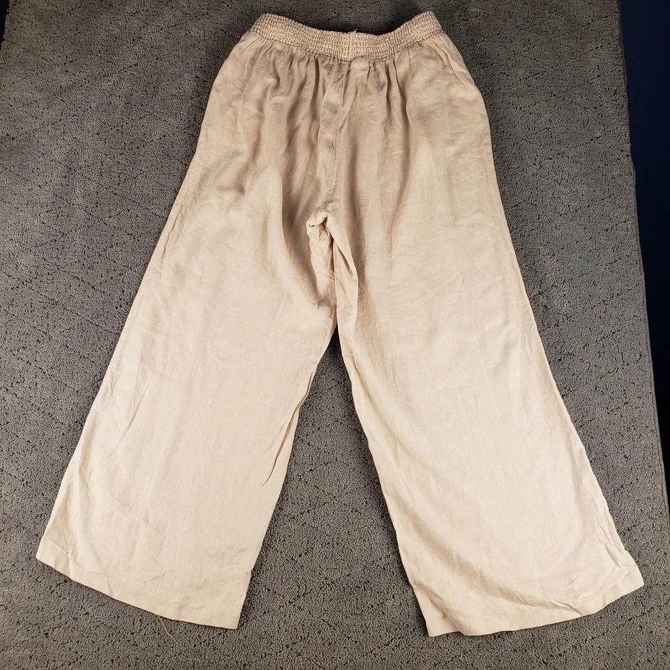 Calça Gap Feminina L Cáqui Palazoo Perna Larga Puxar Mistura de Linho Lagenlook Flowy - Imagem 2 de 4