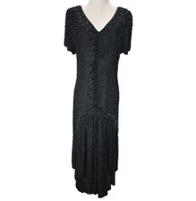 Vtg Mark & John II Beaded Sequin SILK Dress Sx L Black Drop Waist Sheer Ruffle 