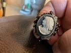 Vintage Gothic ring Cameo Sterling .925  Black Onyx? Sz 9 Marcasite and Garnets