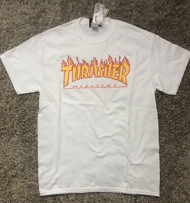 Thrasher Magazine Flame SKATE MAG Skateboard T Shirt White Medium