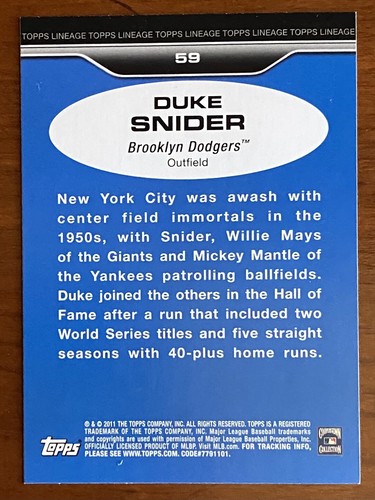 2011 Topps Lineage DUKE SNIDER #59 HOF Dodgers - Picture 2 of 2