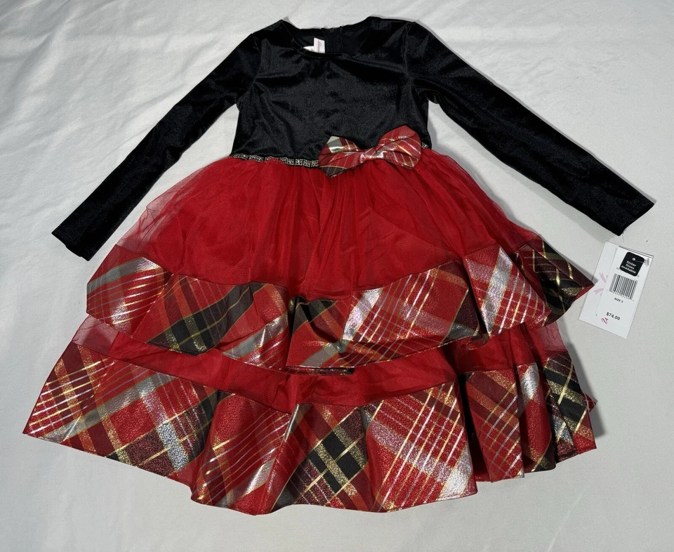Vestido de Navidad Bonnie Jean Manga Larga Calce y Acampanado Terciopelo Cuadros Niñas 5 NUEVO Foto 3 de 4