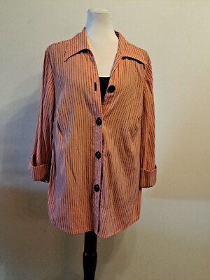 C B Career Plus Button Front Blouse Sz 2X Salmon Black Pinstripes Attached Black