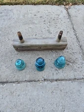 Vintage Lot of 3 Hemingray Green Insulator Caps with Original Wood Mounting Post