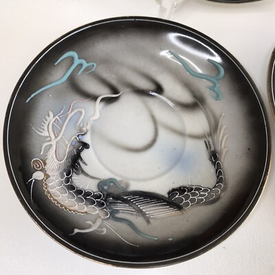 VINTAGE Maruku China Dragonware Moriage Teacup Saucers Black Grey