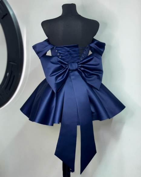 Blue Satin Mini Homecoming Dresses With Bow Off Shoulder Above Knee Bridal  Gown | eBay