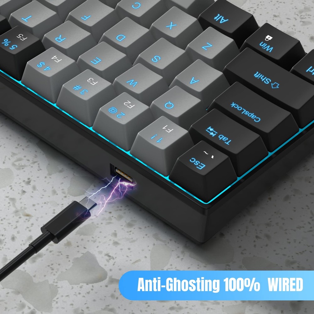 60% Compact Mechanical Gaming Keyboard with Blue Switches and Sea Blue Backlight