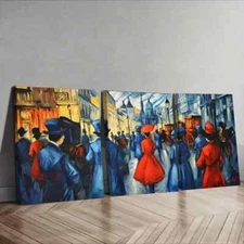 3pcs Vibrant Market Scene with People in Red Wall Art Canvas Framed 50x70cm
