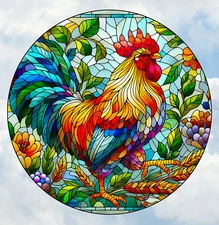 Rooster Faux Stained-Glass WINDOW CLING Size 8" Round Vinyl