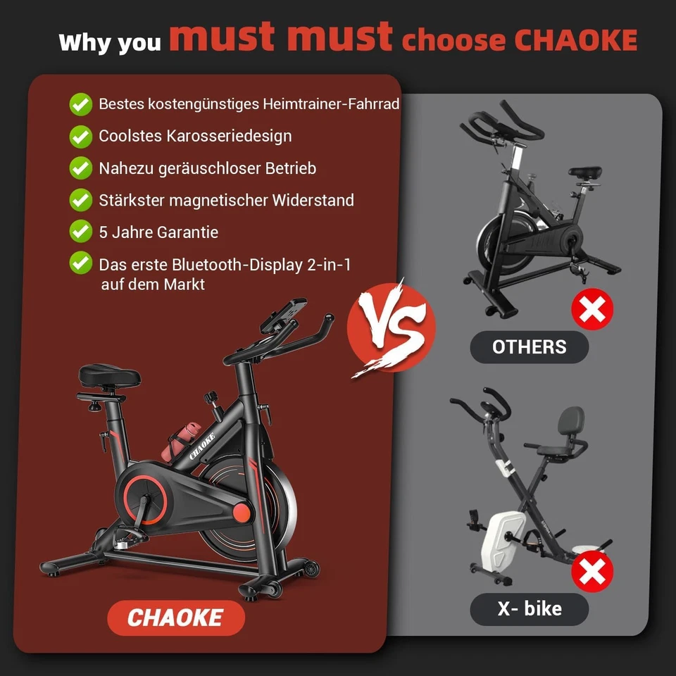  CHAOKE Profi Ultra-Leiser Ergometer Heimtrainer Fahrrad mit App160kg blau/rot - Bild 3 von 4