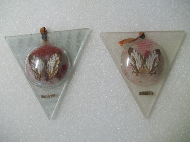 2 Vintage All Glass Triangle Dome Frame with Real Butterflies made in Asia.