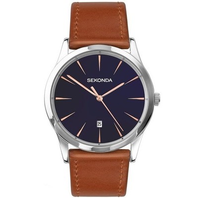 Sekonda Watch 1559 Mens Dated Silver Case Brown Strap