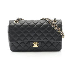 CHANEL Matelassé W Flap Shoulder Bag Lambskin Black Gold Hardware #RC183