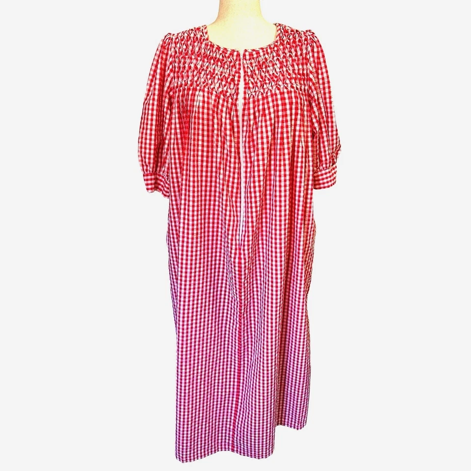 Saybury Red Gingham Puff Sleeve Seersucker Muu Muu Housecoat Smocked Pockets 1X - Image 3 of 4